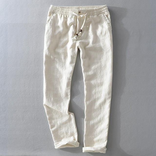 RWJDXD New Men‘s Linen Trousers Straight Tube Rope Solid Color Casual Linen Trousers Men Breathable