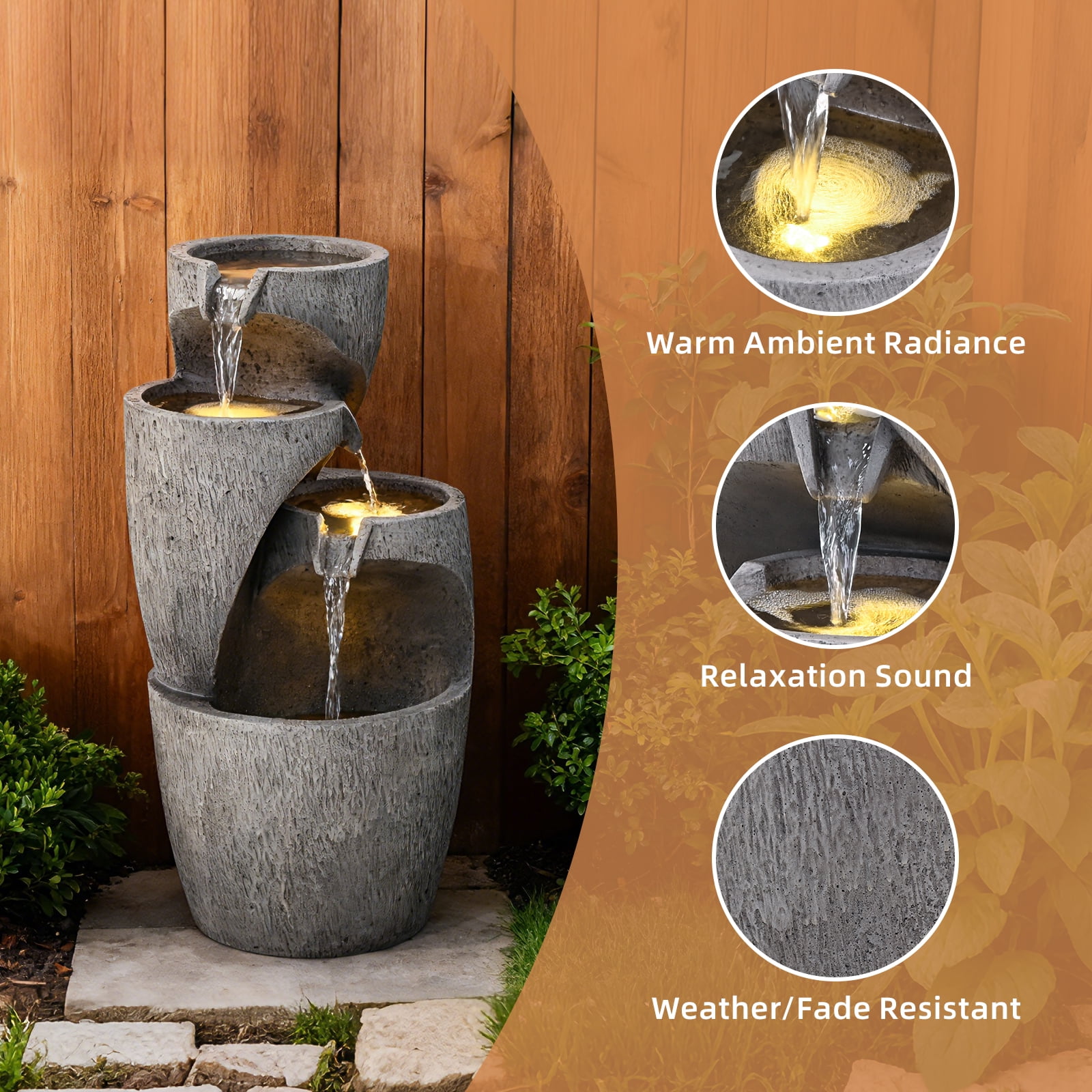 28" Outdoor Cascading Garden Water Fountain for Patio, Backyard, Deck, Porch and Home Decor, 3-Tiers Clay Pot Fountain with Lights