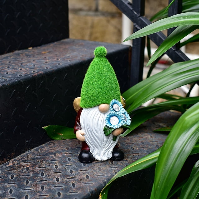 Fiudx Estatua de Gnomo de Jardín Solar, Decoración Exterior con Luz Led, Figura de Enano con Energía Solar y Corona Suculenta, Adorno para Jardín, Patio, Balcón, Regalo de Inauguración, 30 Cm