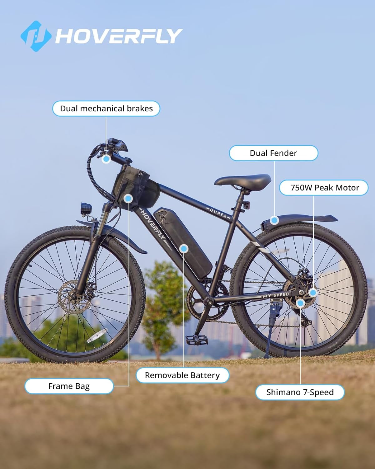 HOVERFLY OUREA 26" Adult Mountain Electric Bike, 48V,Peak 750W Motor, 20 MPH, Max Weight 264 lbs, Black,UL2849