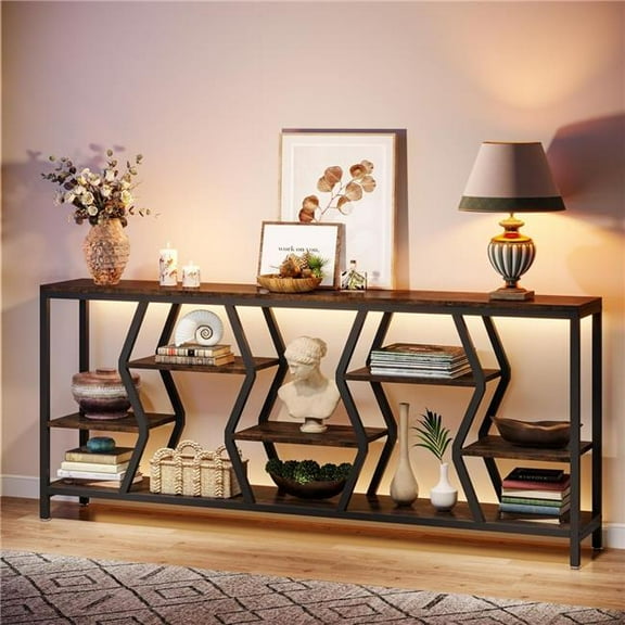 Emoottoo TB-F1906 70.9 in. Sofa Console Table with 4 Tier Wood Storage Shelves - Industrial Extra Long Narrow Entryway Accent - Rustic Brown