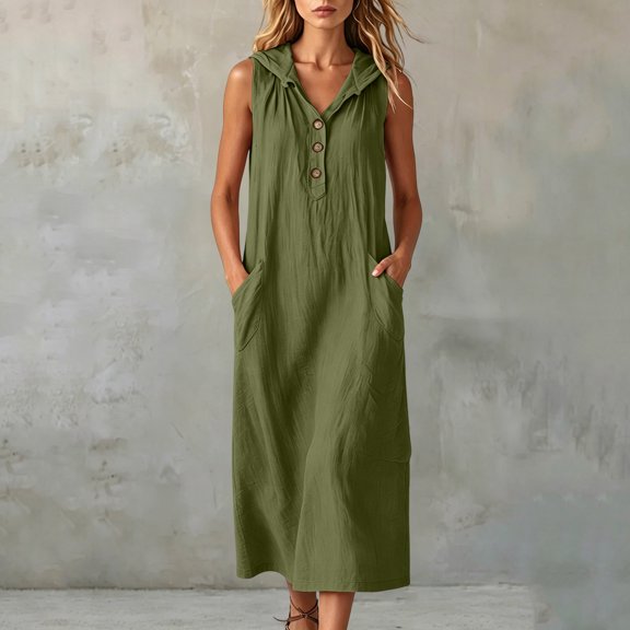 QUNYINEY Sleeveless Women Summer Dresses A Line Casual Faux Cotton Linen Long Sundress Hooded Button Solid Loose Fit with Pockets Dresses