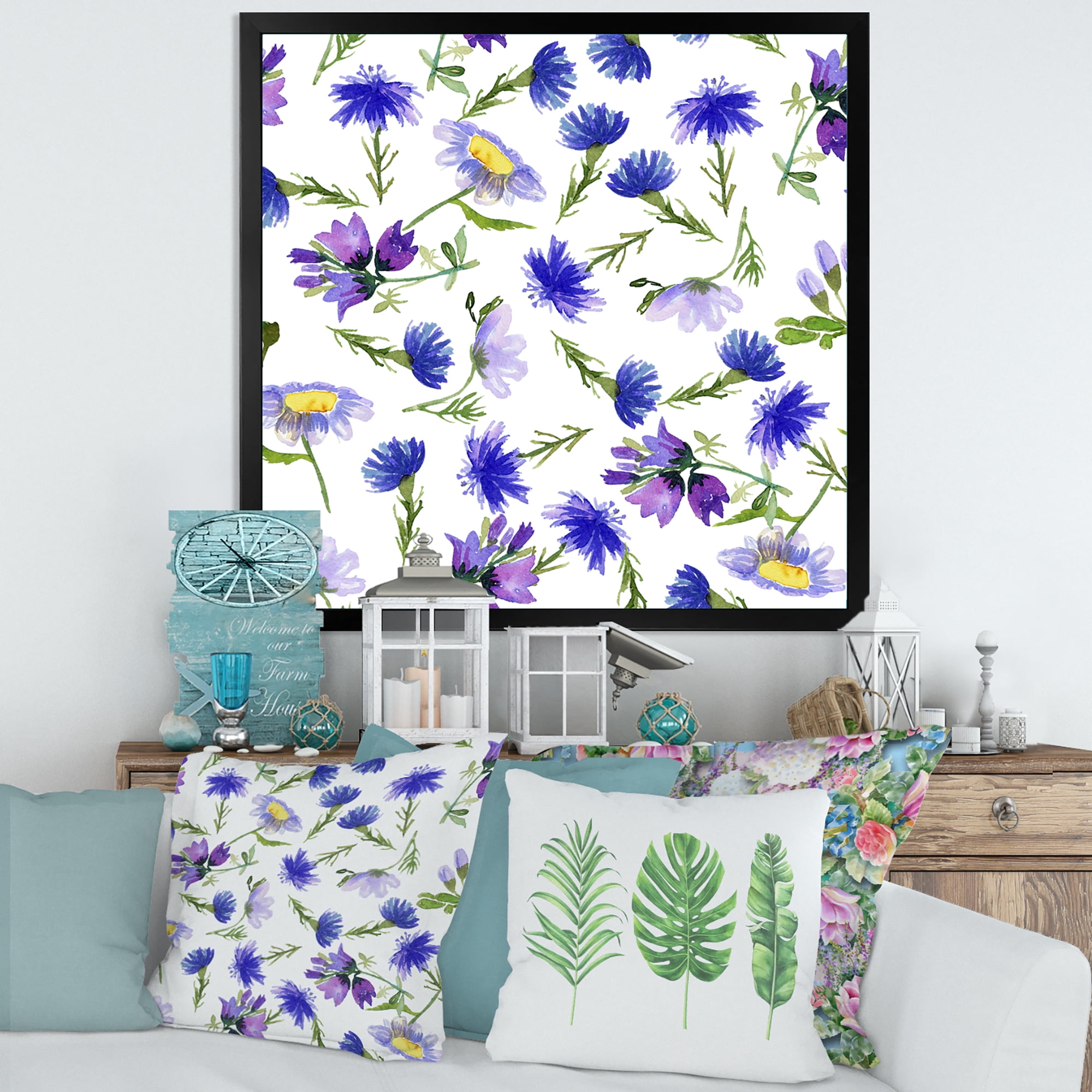 Designart 'Blue Wildflowers With Leaves III' Traditional Framed Art Print