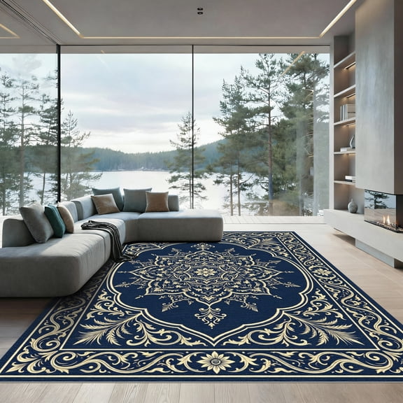 ODIKA 4'x6' Machine Washable Non-Slip Area Rug, Oriental Navy Blue High Traffic Rug, Blue, 1307388