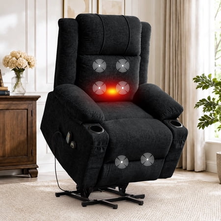 Korser Power Lift Recliner Chair for Elderly with Massage and Heat,Electric Lift Reclining Chair with Side Pockets and Cup Holders,Massage Recliner Chair for Living Room,Chenille,Black