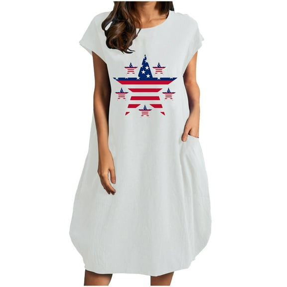 4th of July Dress for Women Patriotic Crew Neck American Flag Star Printed Sleeveless Midi Dress Nightdress