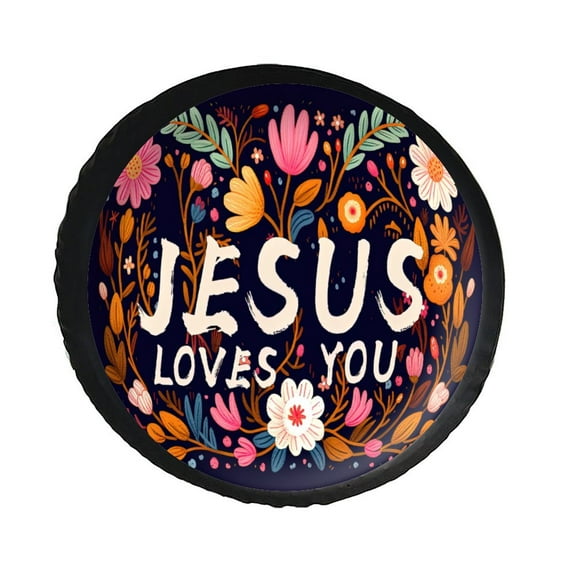 KAKALAD Jesus Loves You Christian Monogram 02 Spare Tire Cover PVC Leather Wheel Protectors Weatherproof Universal Dust-Proof for Trailer Rv SUV Truck Camper Travel Trailer Accessories 14 ” Inch