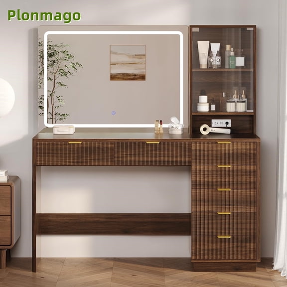 Plonmago Fluted Vanity Desk with Large Mirror and Lights, 47.4" Makeup Vanity with 7 Drawers and Glass Cabinet,32.7" Mirror Vanity Table with Charging Station & Storage Shelves, Brown