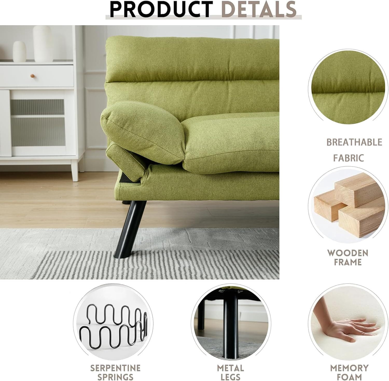 AENKYO Futon Loveseat Sofa Bed 2-Seater, Adjustable Backrest Convertible Sleeper - Green
