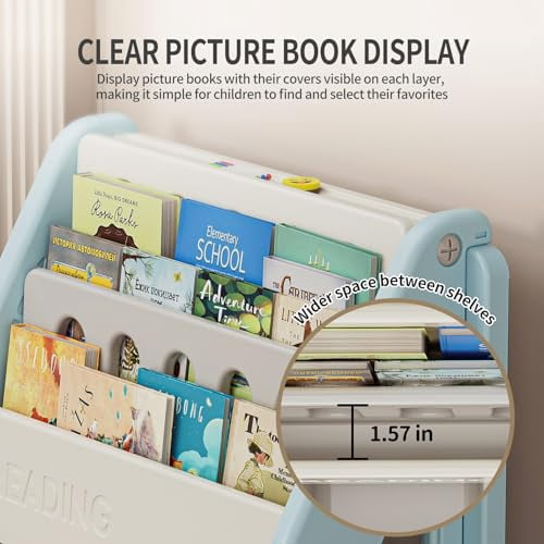 UNICOO® Toddler 3 in 1 Art Board Bookshelf and Organizer, 2-Tier Bookshelves with Storage Rack & Bins, Retractable Drawing Board, Lightweight & Compact for Nursery, Playroom(Blue & White)