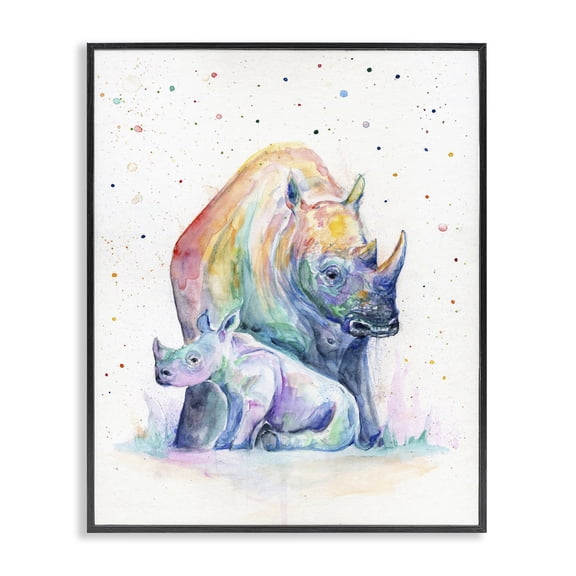 Stupell Industries Modern Colorful Abstract Rhino Family Animal Watercolor Black Framed Giclee Art, 11 x 14, by Marc Allante