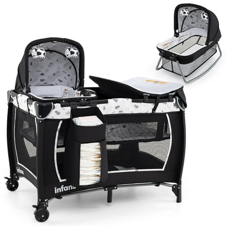 INFANS 4 in 1 Pack and Play, Portable Nursery Center for Baby Kid Infant, Travel Playard with Bassinet, Mattress, Diaper Changer, Bag, Toys, Music Box, Storage Basket