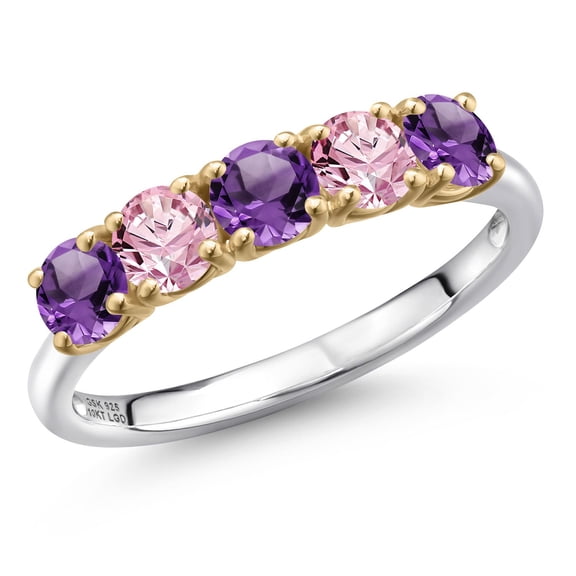 Gem Stone King 925 Silver and 10K Yellow Gold Purple Amethyst and Pink Lab Grown Diamond Wedding-Bands Ring for Women | 1.25 Cttw | Round 4MM | Gemstone February Birthstone | Size 5