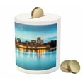 thumbnail image 3 of Urban Piggy Bank, Downtown Denver Ferril Lake Colorado at the Morning City Park Capital, Ceramic Coin Bank Money Box for Cash Saving, 3.6" X 3.2", Sky Blue Yellow Orange, by Ambesonne, 3 of 4