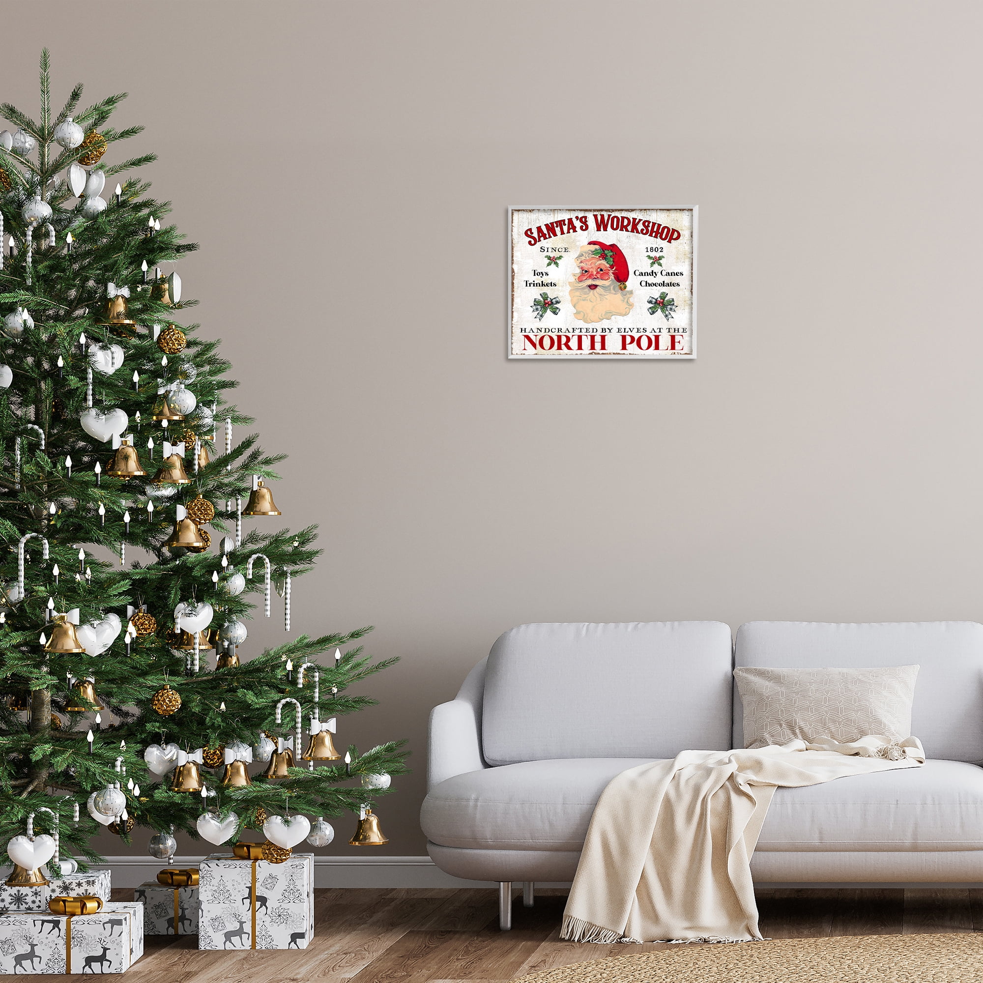 Stupell Industries North Pole Santa's Workshop Holiday Painting White Framed Art Prints Wall Art, 20 x 16