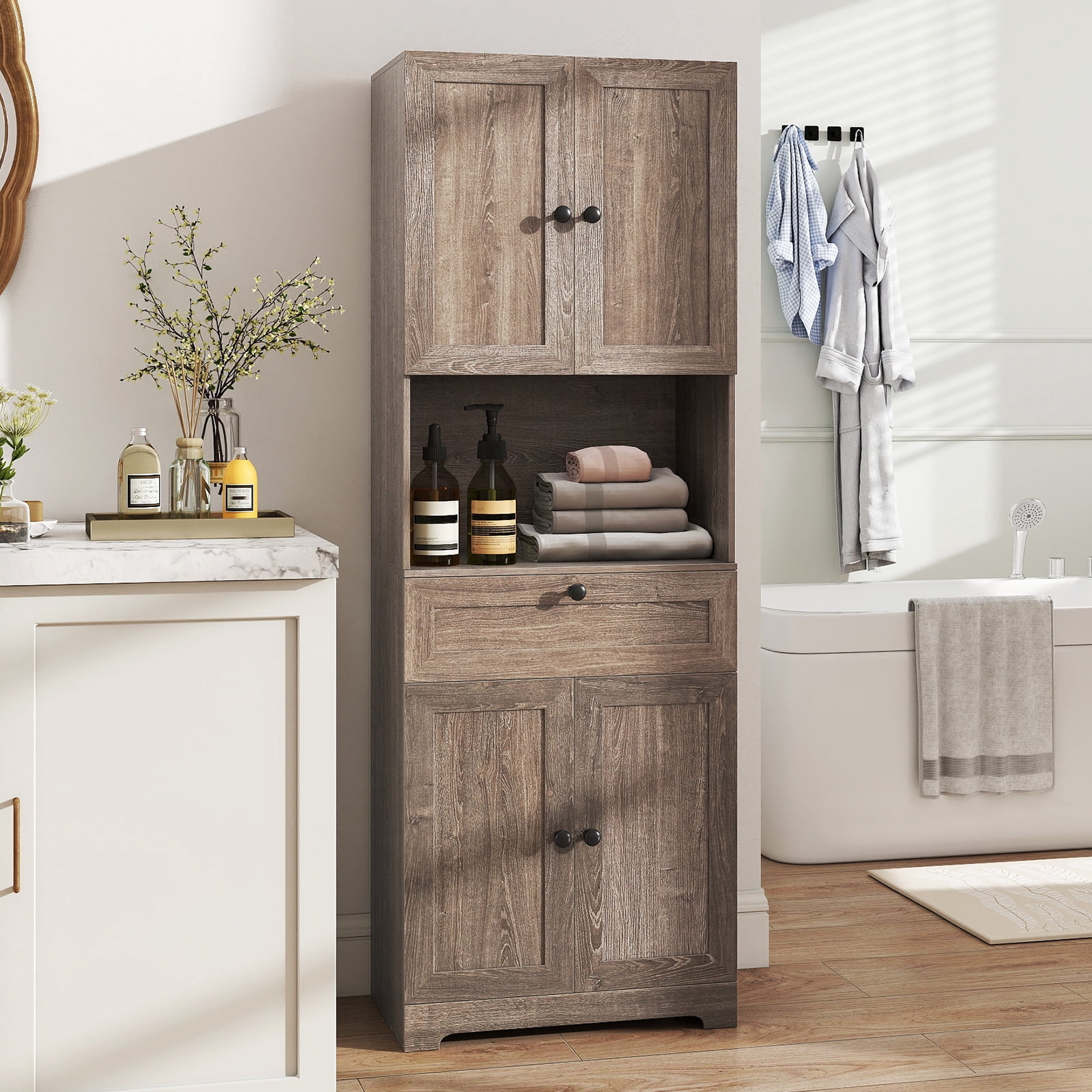 Gymax 67.5'' Kitchen Pantry Cabinet w/4 Doors 1 Drawer Open Countertop Adjustable Shelf Gray Oka