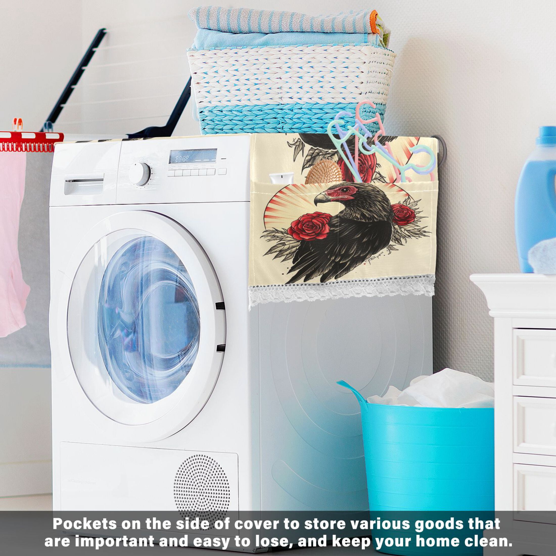 WOBOGO Illustration Of A Vulture with Red Roses on Its Back Washing Machine Cloth Dryer Refrigerator Top Cover Protective Non-Slip Mat For Kitchen Laundry