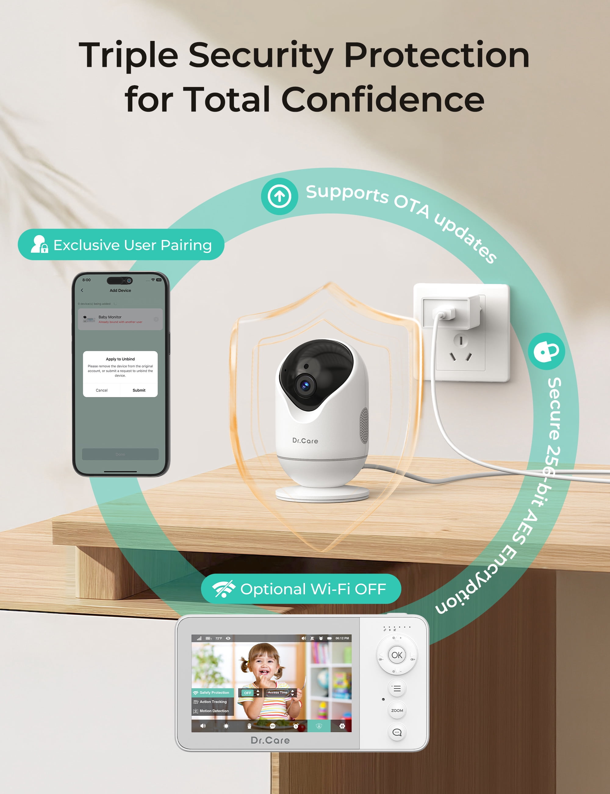 Dr.Care VistaView Lite RB WiFi Baby Monitor – 4" Split Screen, 1080P Camera, App Control, Motion Alerts, Removable Battery