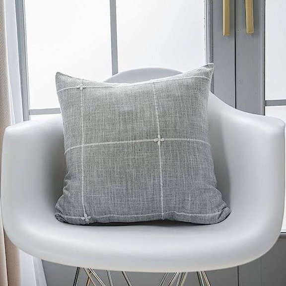 NAMZI Rustic Lattice Cotton Linen Decorative Throw Pillow Cover Embroidery Square Cushion Cover Pillowcase for Sofa Bedroom Couch (Plaid Grey, 18"x18")