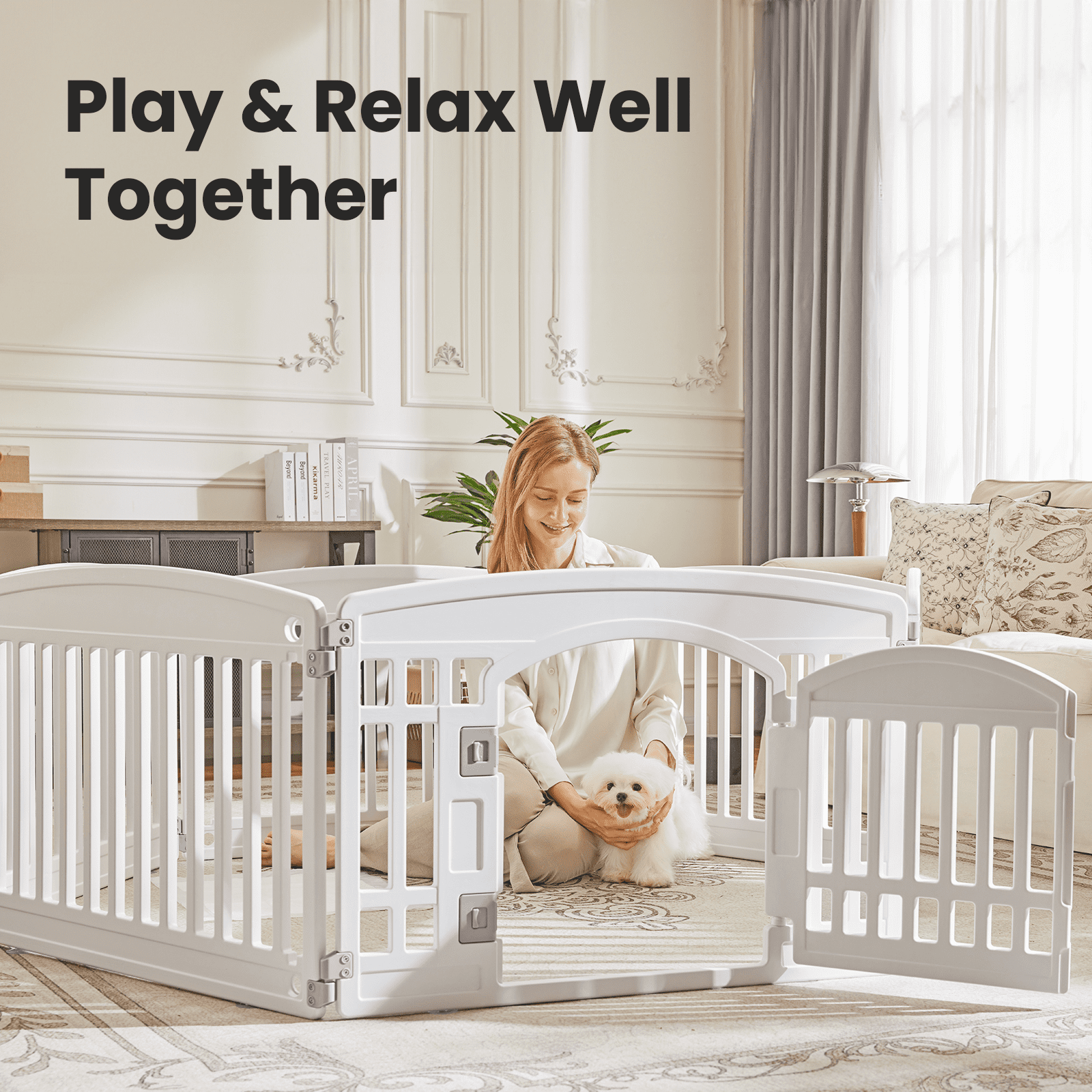 Euqvunn Plastic Dog Playpen, 24" 6-Panel Pet Pen with Door, Folding & Portable, Easy to Clean, for Small to Medium Dogs, for Indoor & Outdoor, White