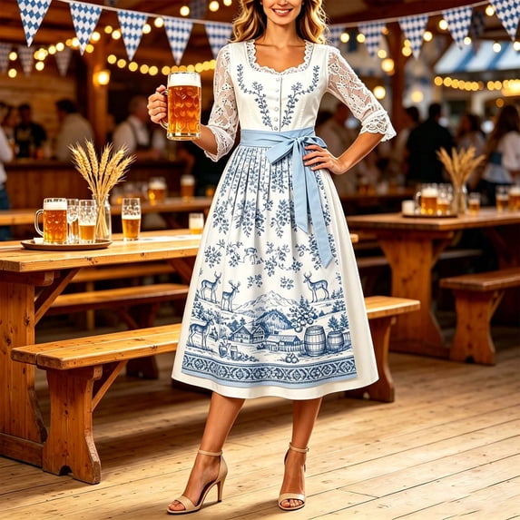 QUNYINEY Oktoberfest Women Dresses Sleeveless A Line Long German Dirndl Dress Casual Loose Fit Beer Carnival Square Neckline Dresses
