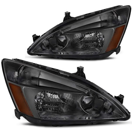 Headlight Assembly for 2003 2004 2005 2006 2007 Honda Accord Replacement Headlamp,Smoked Housing Clear Lens,One-Year Limited Warranty(Passenger And Driver