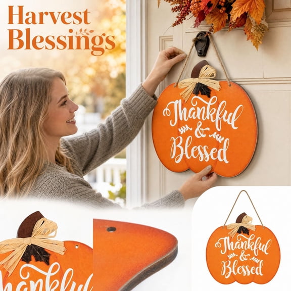 Thanksgiving Pumpkin Turkey Door Sign, Wooden Fall Wall Hanging for Front Door Entryway, Harvest Season Home Porch Decor for Cafe Restaurant Party, Autumn Welcome Accent