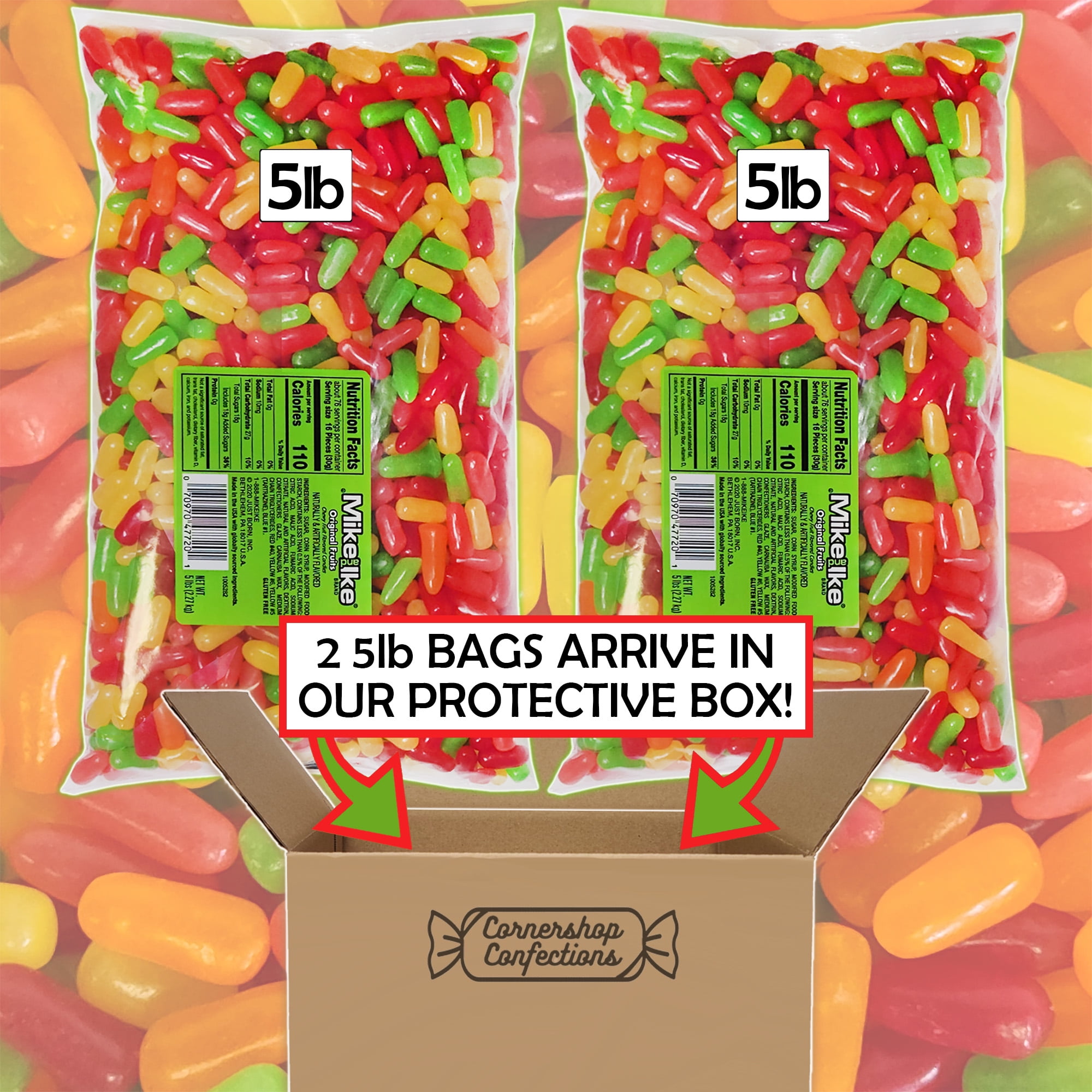 Mike and Ike Chewy Candy Bulk Pack - 10 Pounds Total - Variety of Gluten Free Original Fruits Flavors - Over 2400 Pieces - 2 Separate 5 Pound Bags In Cornershop Confections Protective Pack