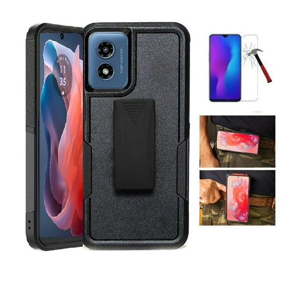 For Motorola Moto G Play 2024 Case, Dual Layer Shockproof Belt Clip Case Cover with Kickstand Tempered Glass (Black)