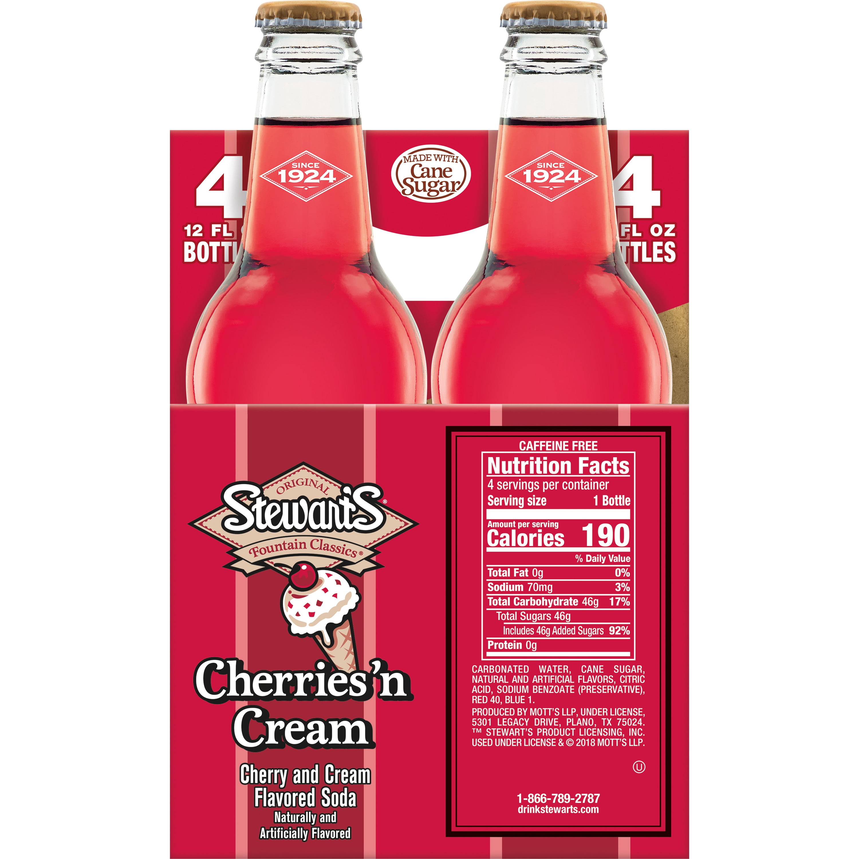 (3 pack) Stewart's Cherries 'n Cream Made with Sugar, 12 fl oz glass bottles, 4 pack