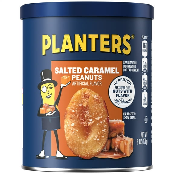 PLANTERS Salted Caramel Peanuts, Sweet and Salty Snacks, Plant Based Protein, 6 oz Canister