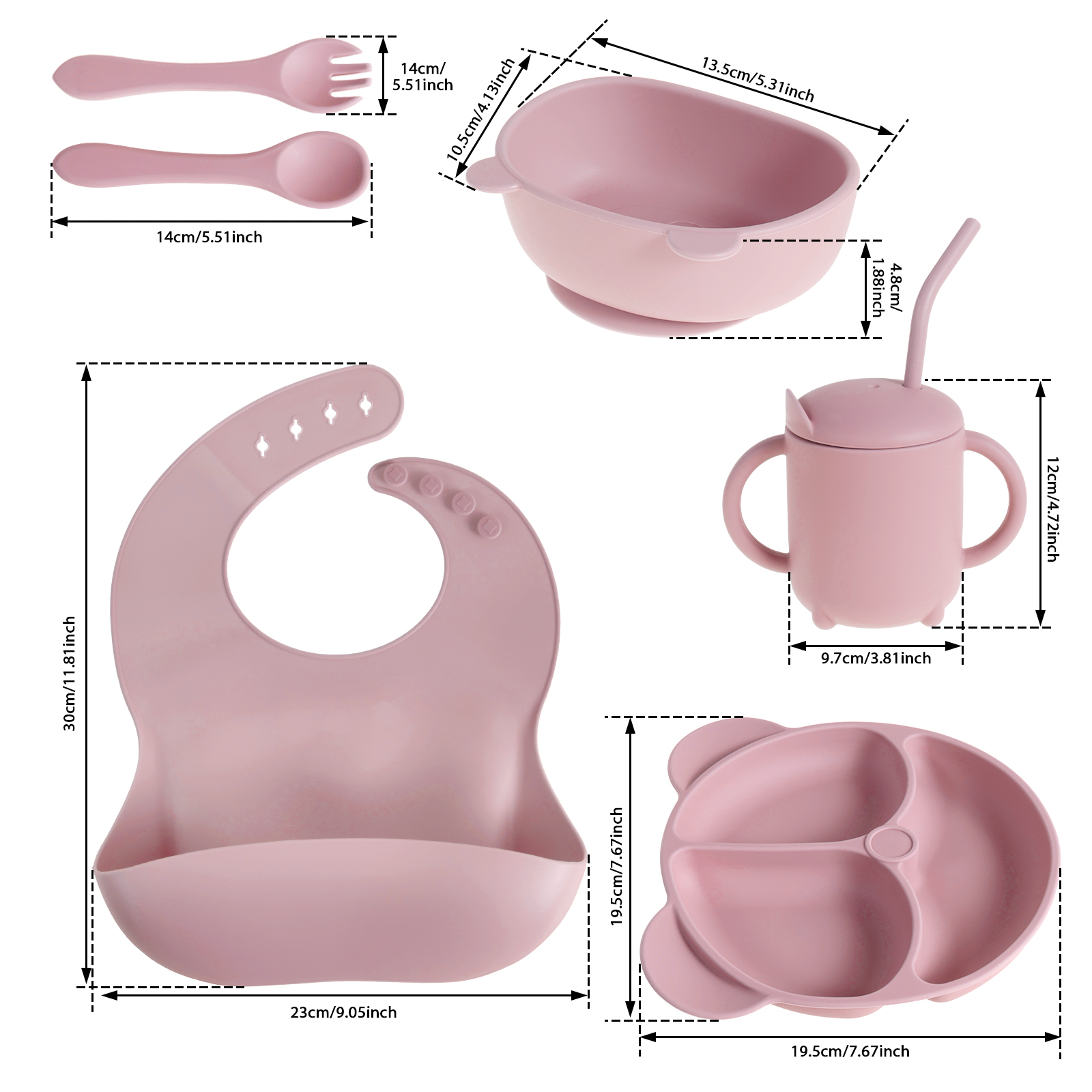 Protoiya 8Pcs Baby Feeding Set,Silicone Tableware Set Reusable Baby Led Weaning Supplies Washable Suction Baby Bowl and Plates for Toddlers Home(Pink)
