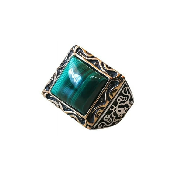 Malachite Mens Ring, Natural Square Malachite Ring, Silver Jewelry, 925 Silver Ring, Birthday Gift, Heavy Mens Ring, Arabic Design, Ottoman Style Ring, Christmas, Turkey Mens Signet Ring