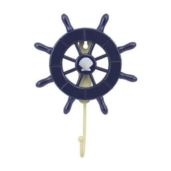 Handcrafted Model Ships Wheel-6-104-seashell 8 in. Dark Blue Decorative Ship Wheel with Seashell & Hook
