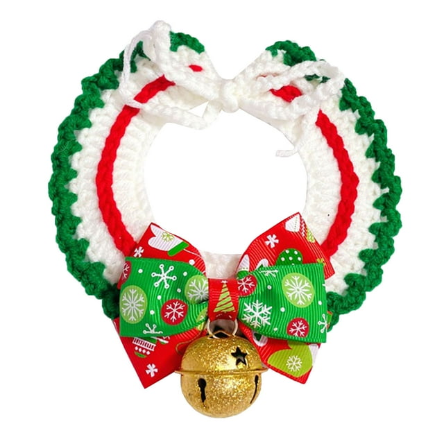 Collar de Navidad para mascotas, ajustable, lindo, tejido a mano, para gatos y perros, bufanda con campana M, pajarita navideña, cuello verde M