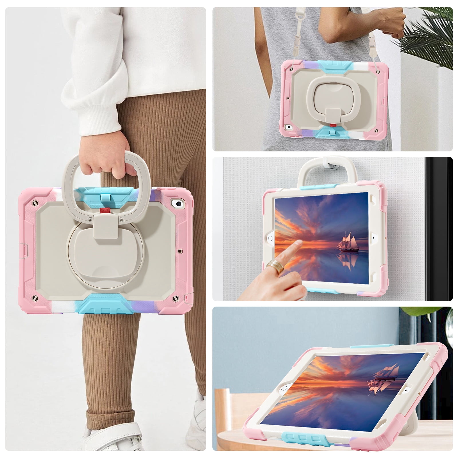 DOMAVER Case for iPad 9th/8th/7th Generation (iPad 10.2 inch, 2021/2020/2019), Heavy Duty Rugged Cover for Kids with Screen Protector, Pencil Holder, Rotating Stand/Handle, Rainbow Pink