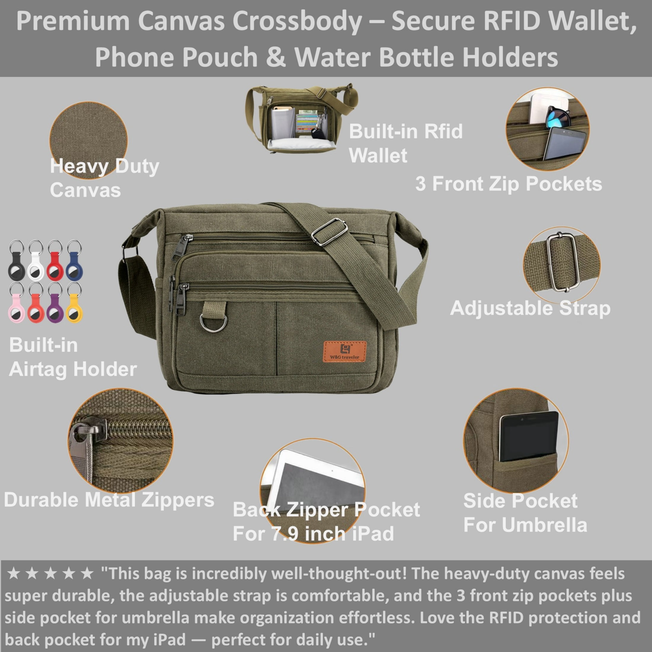 Crossbody Messenger Bag for iPad Pro 12.9 inches, Rfid Shoulder Purse w/Water Bottle Holders, 13 inch Laptop Briefcase, Built-in Wallet With AirTag Case Green