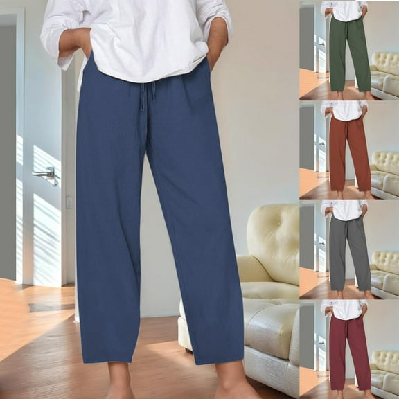 RongHuan Cotton Linen Pants for Women Plus Size Straight Leg Pants Casual Sweatpants Soild Color High Waist Pants