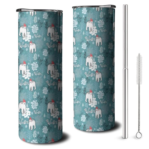 20oz Blue Christmas Polar Bear Pattern Skinny Tumblers Stainless Steel Tumbler with Lid and Straw,Vacuum Insulated Double Wall Travel Tumbler Cups with Cleaning Brush for Coffee,Tea