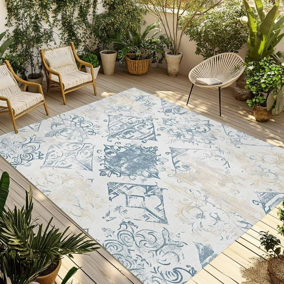 Fsddascl Vintage Boho Abstract Outdoor Rug for Patio/Deck/Porch, Non-Slip Large Area Rug 5 x 8 Ft, Floral Modern Artwork Indoor Outdoor Rugs Washable Area Rugs, Reversible Camping Rug Carpet Runner