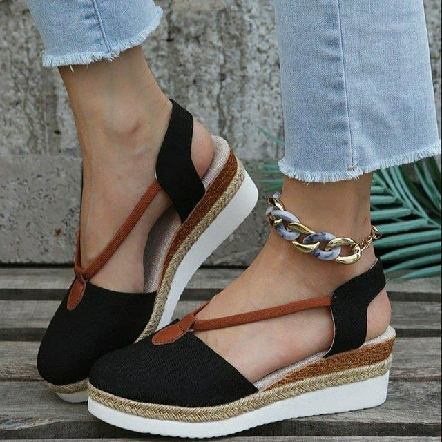 Aqestyerly Sandales d'Été à Plateforme à Talon Compensé à Bout Fermé Chaussures Décontractées pour Femmes à Enfiler Sandales de Mode Confortables HWRETIE