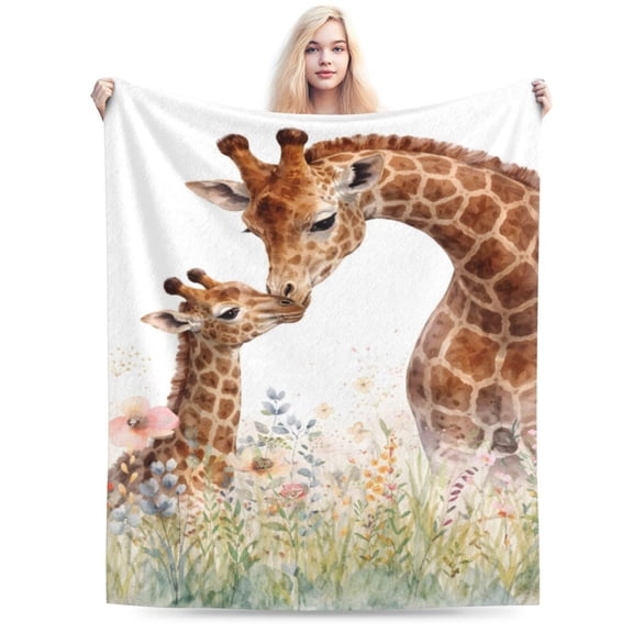 Giraffe Family Love Blanket Safari Wildlife Floral Art Mother Day Gift Soft Cozy Fleece Throw Blanket 50x40