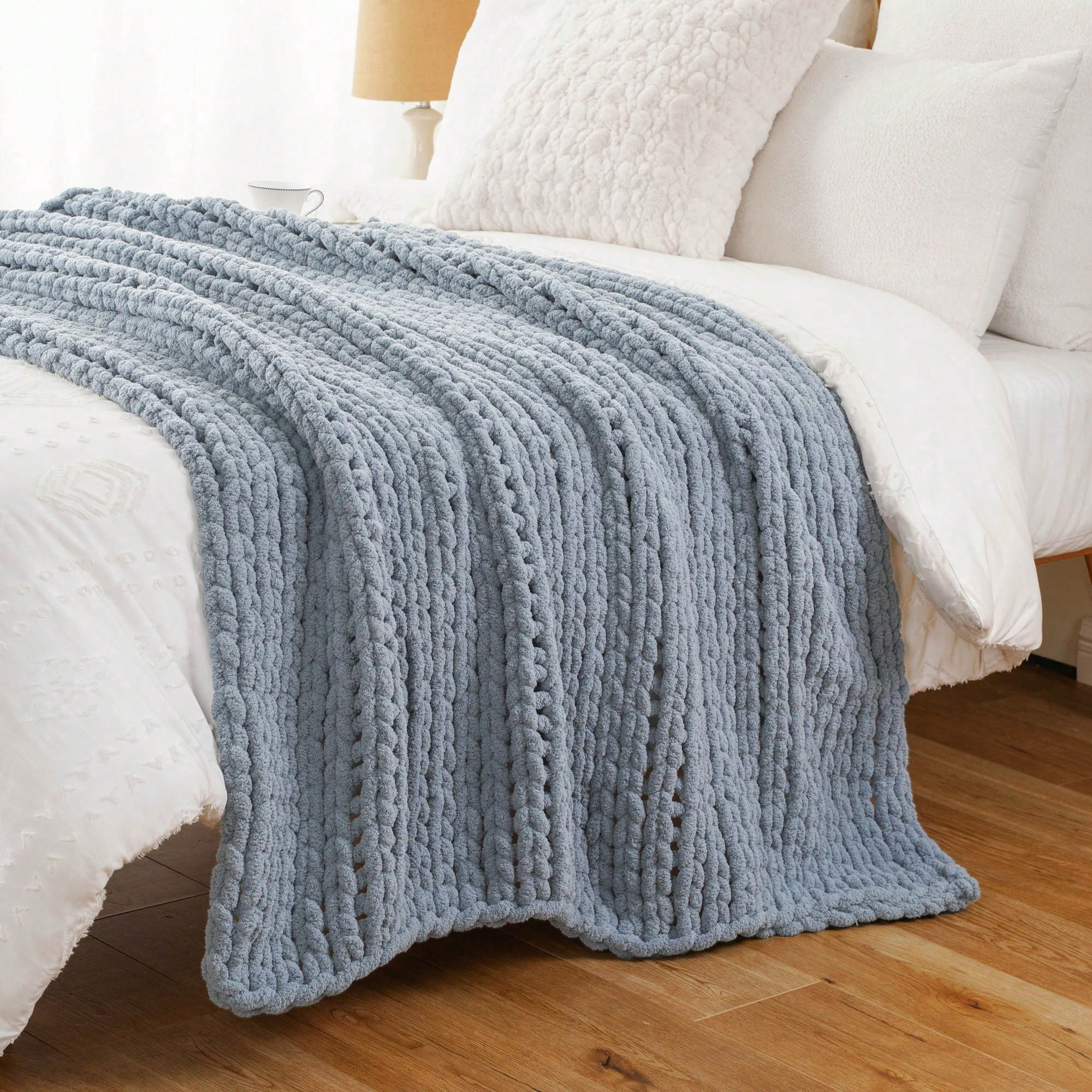 Battilo Bluish Grey Chunky Knit Throw Blanket,Handmade Cable Knit Crochet Blanket for Home Decor,50"x60"