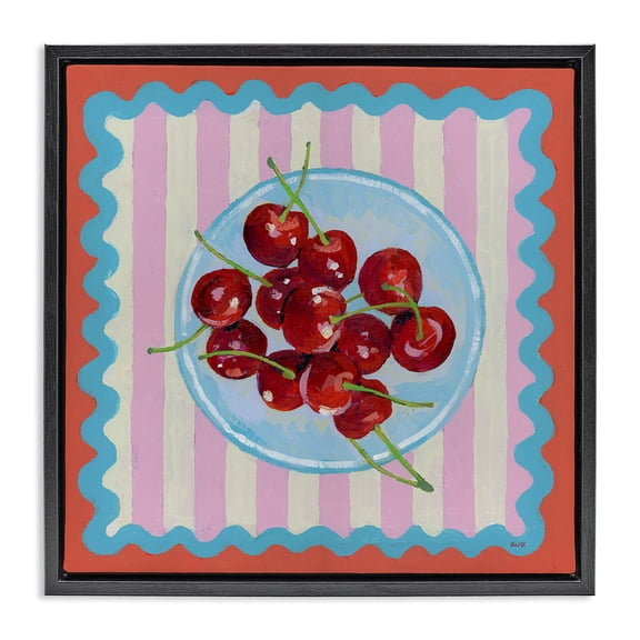 Stupell Industries Eclectic Red Cherries over Pink Stripes Black Floating Frame Canvas Art, 18 x 18, by Rachael Reese