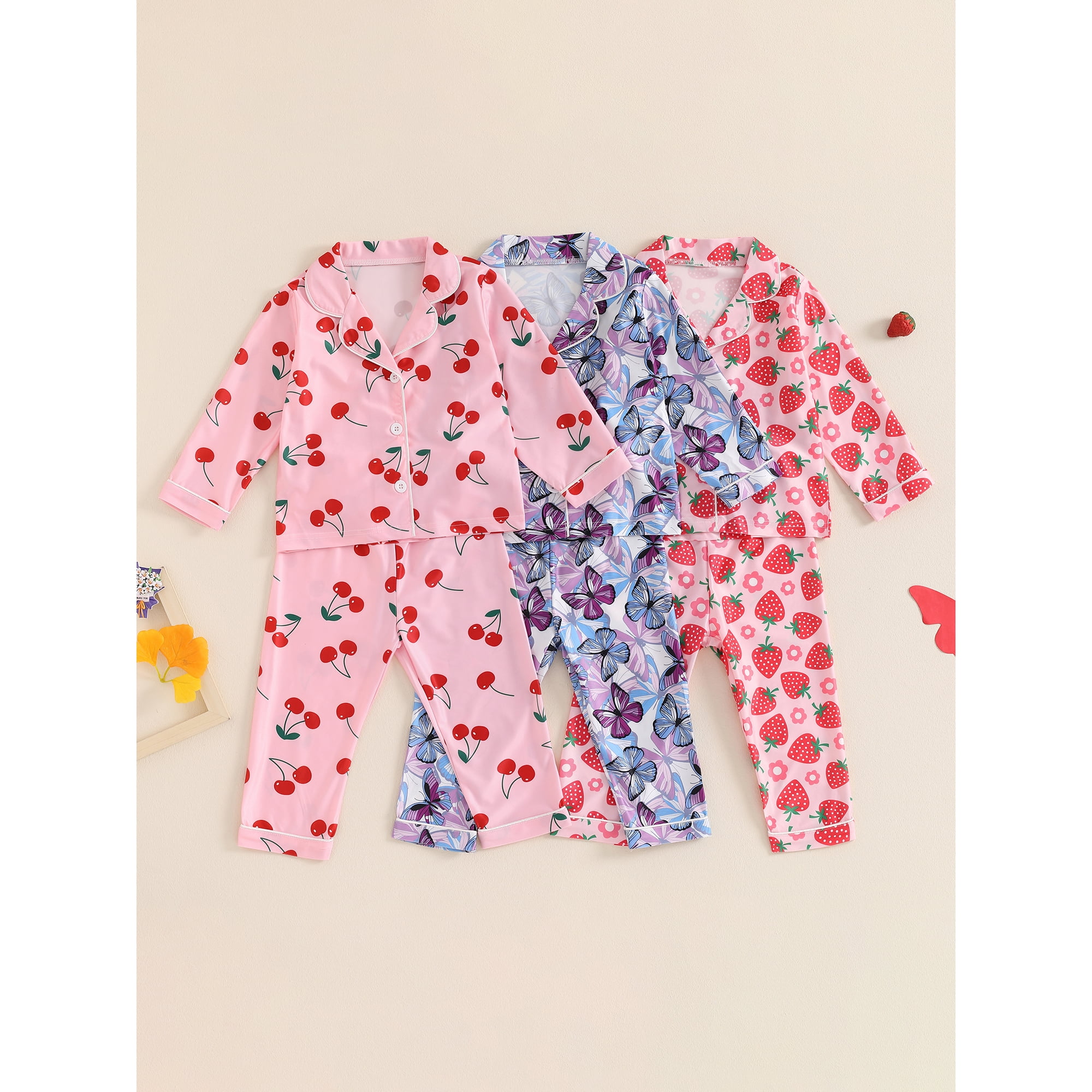 WIFORNT Kid Girls Fall Pajamas Set Butterfly Cherry Strawberry Print Long Sleeve Shirts Tops Long Pants 2 Pieces Lounge Suit Sleepwear