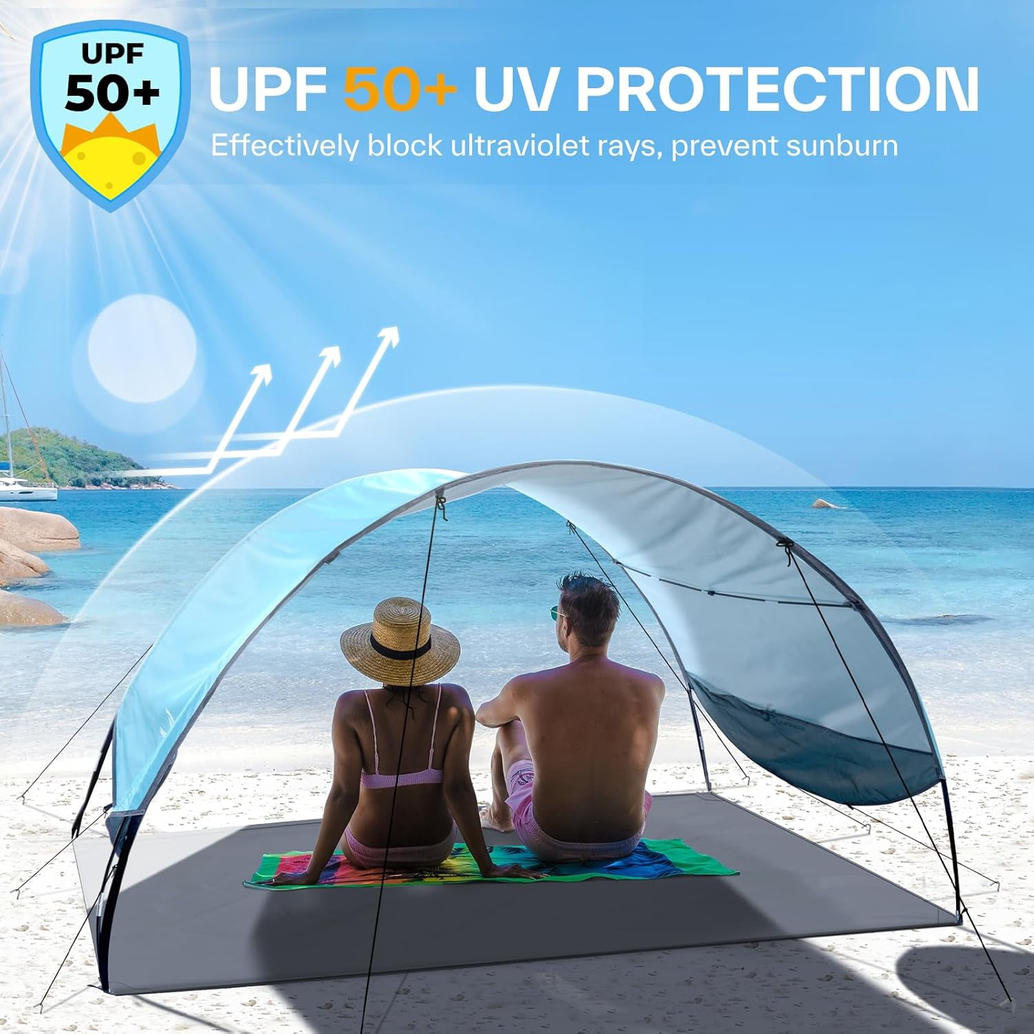 Unbranded Beach Tent Sun Shelter: UPF 50+ UV Protection Beach Canopy Tent Sun Shade for 2-3 Person, Easy Set Up Beach Tent Canopy with 8 Wind Ropes and 12 Ground Stakes for Beach, Size 96.5''x55.7''