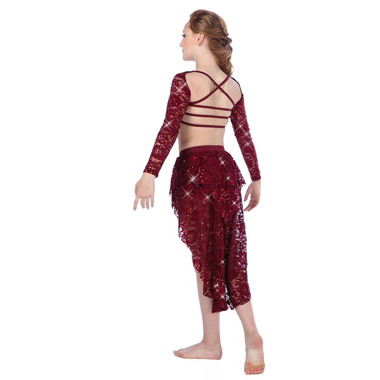 Alexandra Collection Juliette Youth Sequin Long Sleeve Dance Performance  Strappy Bra Top Burgundy 8 