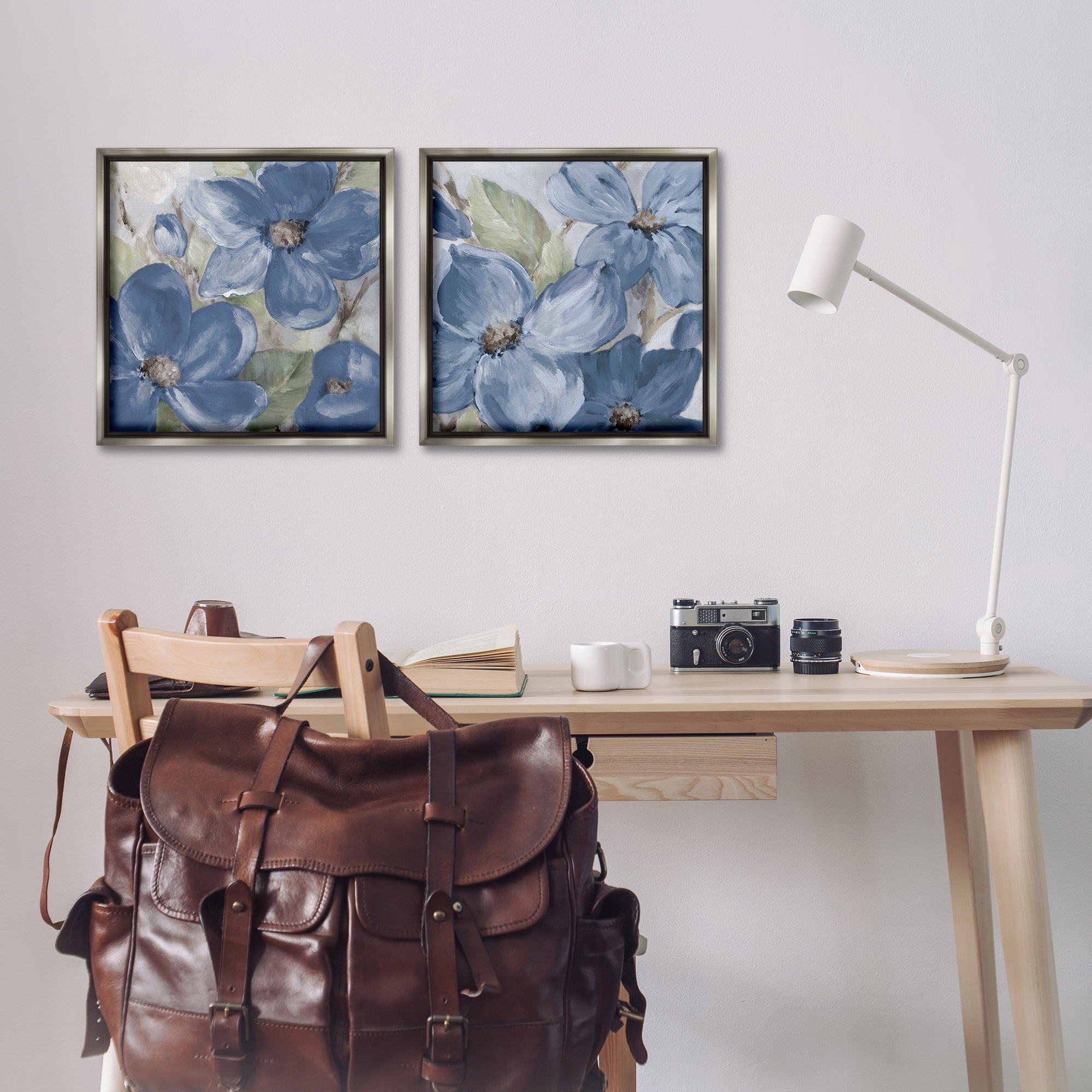 Stupell Industries Blue Blooming Petals Plants & Flowers Painting Gray Floater Framed Canvas Art Print Wall Art, 18 x 18, Set of 2