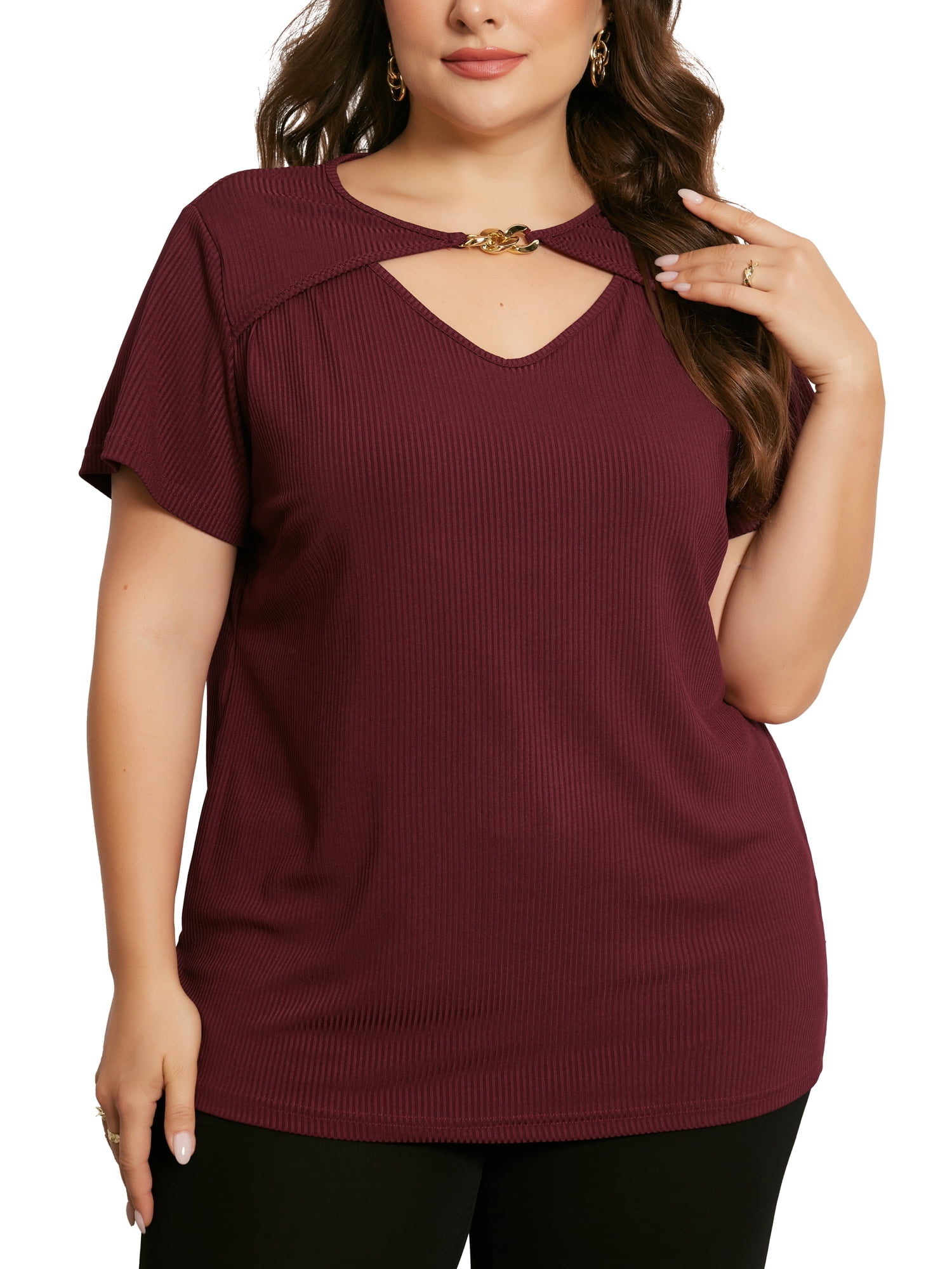 DARING DIVA Women's Plus Fashion Basic Short Sleeve Top 3X Burgundy