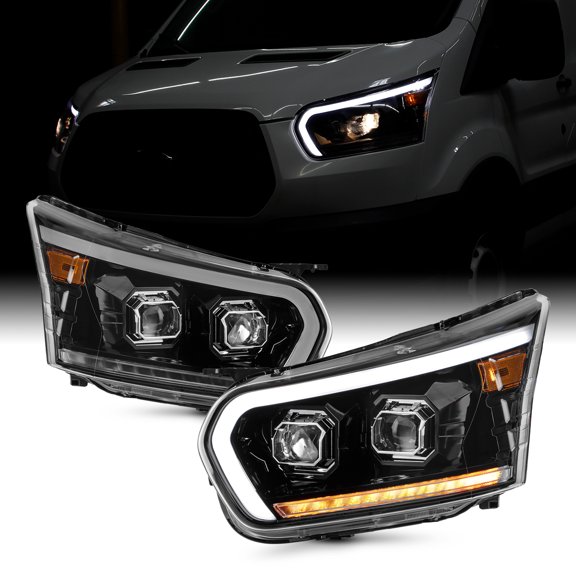 AKKON - Fits 2015-2023 Ford Transit 150 250 350HD Projector Glossy Black Headlight Pair Left Right w/LED Tube DRL Signal